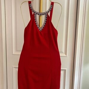 Papaya jewel encrusted neck cocktail dress